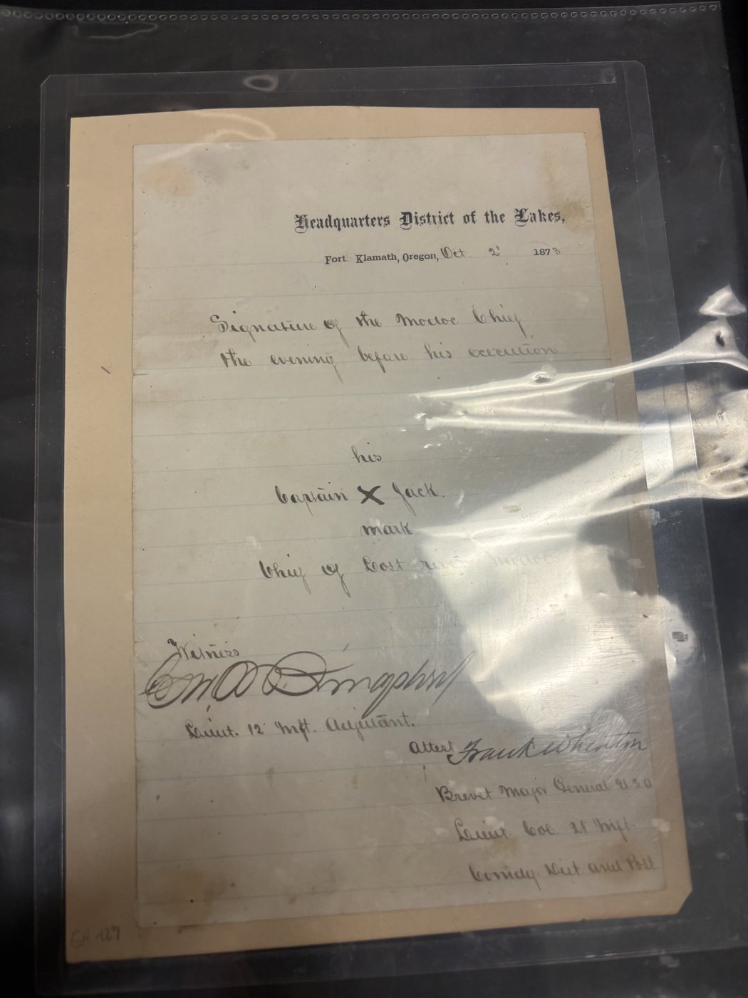 Headquarters District of the Lakes, Fort Klamath, Oregon, October 2, 1873 — the document recording Captain Jack's mark the evening before his execution, attested by Lt. Col. Frank Wheaton